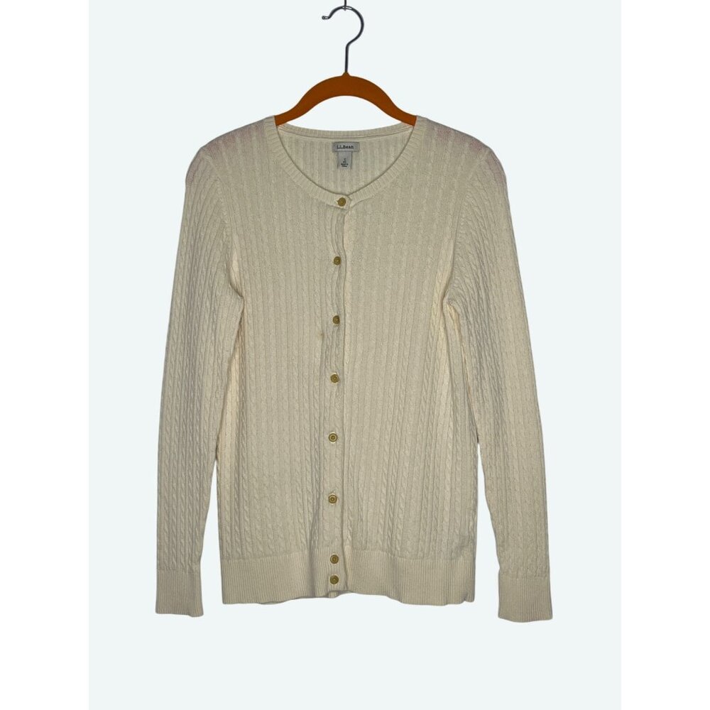 L.L. Bean Cotton Wool Blend Cable Knit Button Front Cardigan Cream‎ Size Small